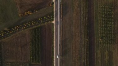 Sonbahar günü otomobillerle yol manzaralı asfalt kırsal alanda asfalt üzerinde seyir konseptini geçen araçlar doğada tepeden tırnağa seyahat konsepti.