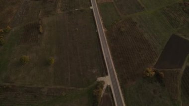 Doğu Sırbistan 'da yoldaki insansız hava aracı videosu sonbahar günü kırsal alanda tarlalarda dolaşır. 