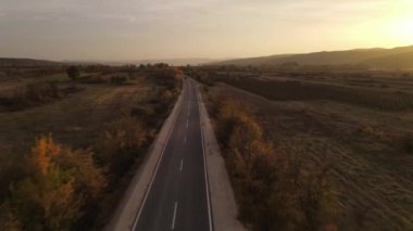 Sonbahar günü asfaltta seyir halindeki kamyonla yola çıkan hava manzaralı doğa manzaralı seyahat konsepti kırsal alanda.
