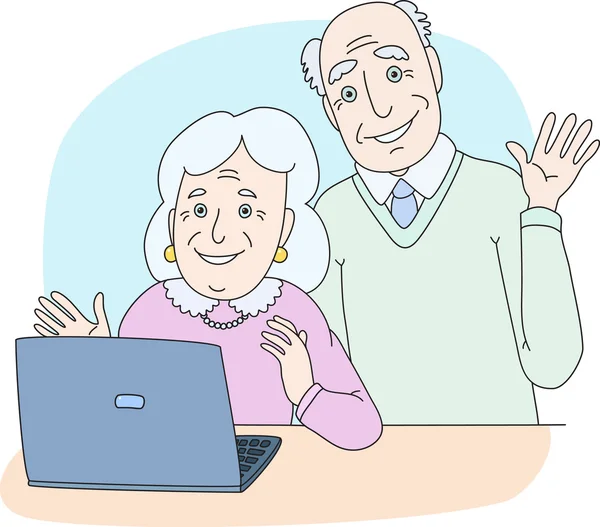 Senior couple using computer at home — Stock Vector