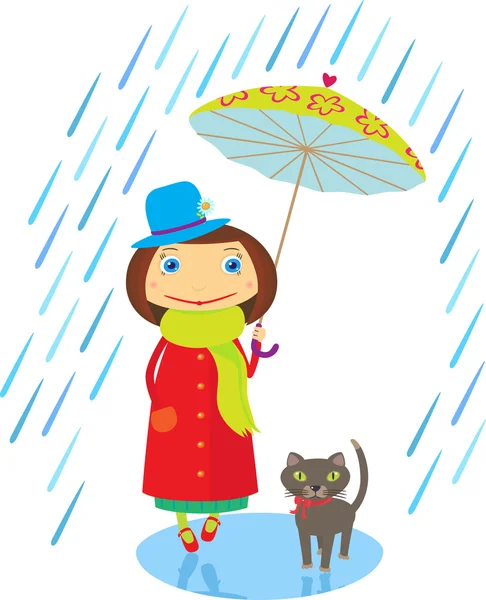 bir şemsiye yağmur altında yürümek bir kedi kız