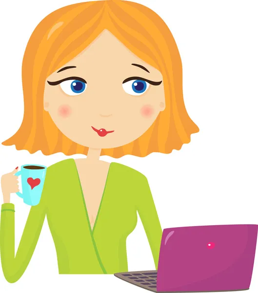 Girl with a cup look at laptop — Stock Vector