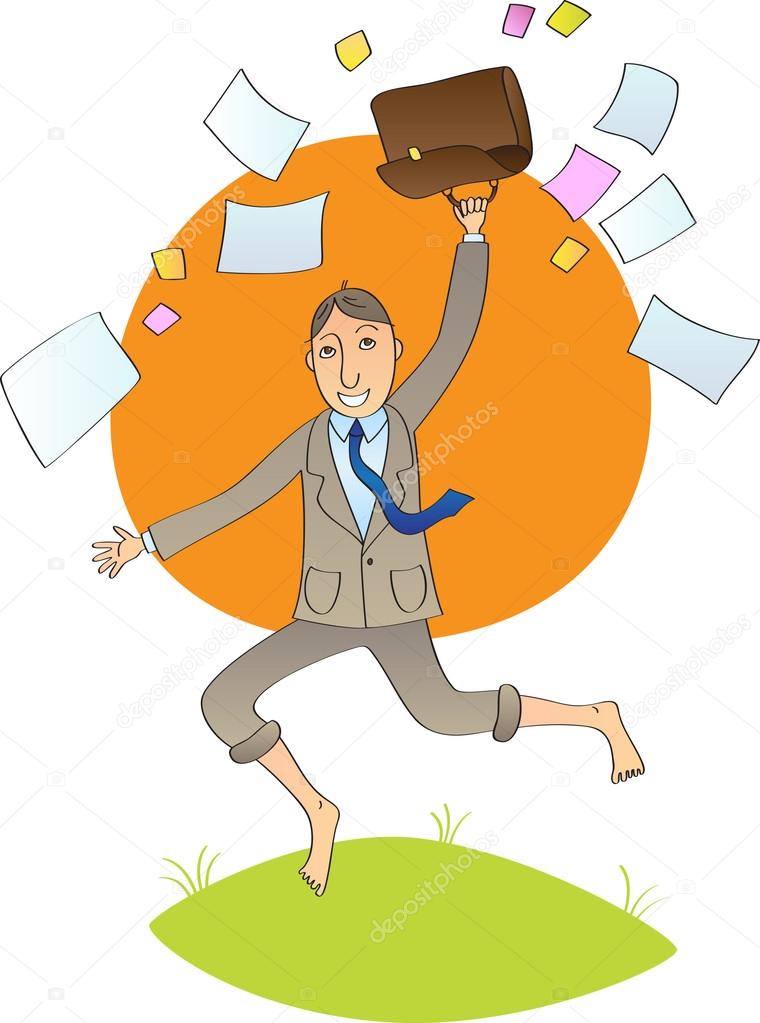 Office man jump with open bag with papers