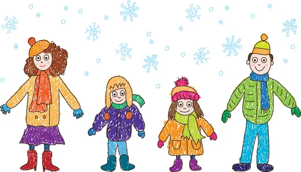 Kids Drawing. Family in the winter — Stock Illustration Kids Drawing. Family in the winter Stock Illustration
