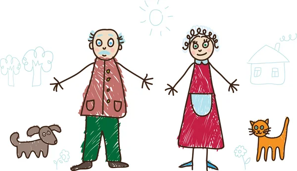 Kids Drawing. Family: grandfather, grandmother, do Stock Vector