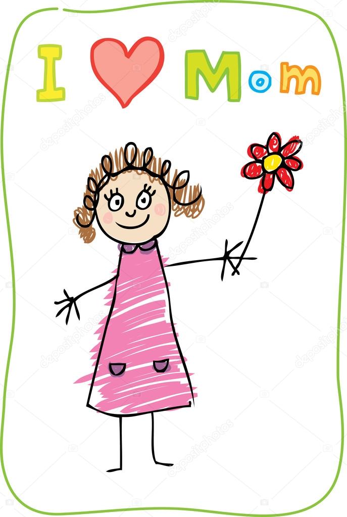 Kids Drawing. The Mother's Day. I love Mom
