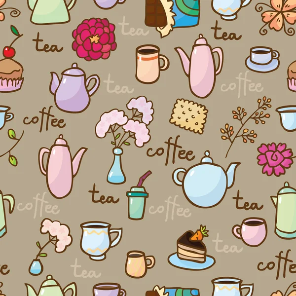 Achtergrond met theepotten, coffepots, bekers en snoep — Stockvector
