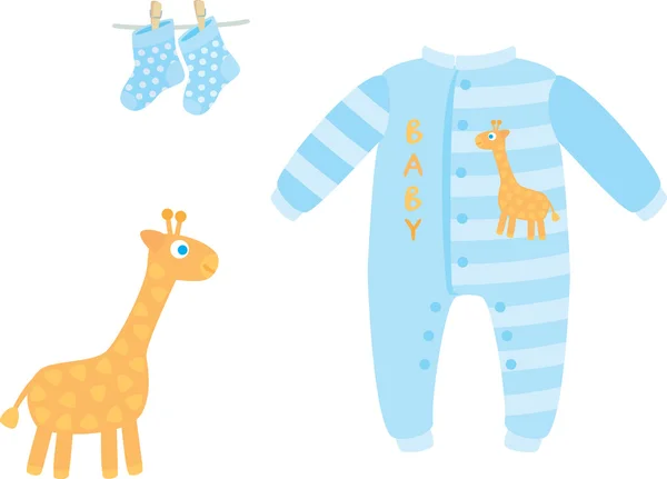 Baby boy sleeper, Baby boy socks and toy giraffe — Stock Vector