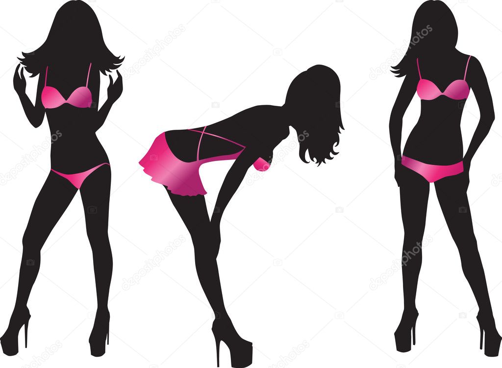 Three black silhouettes of girl in pink lingerie