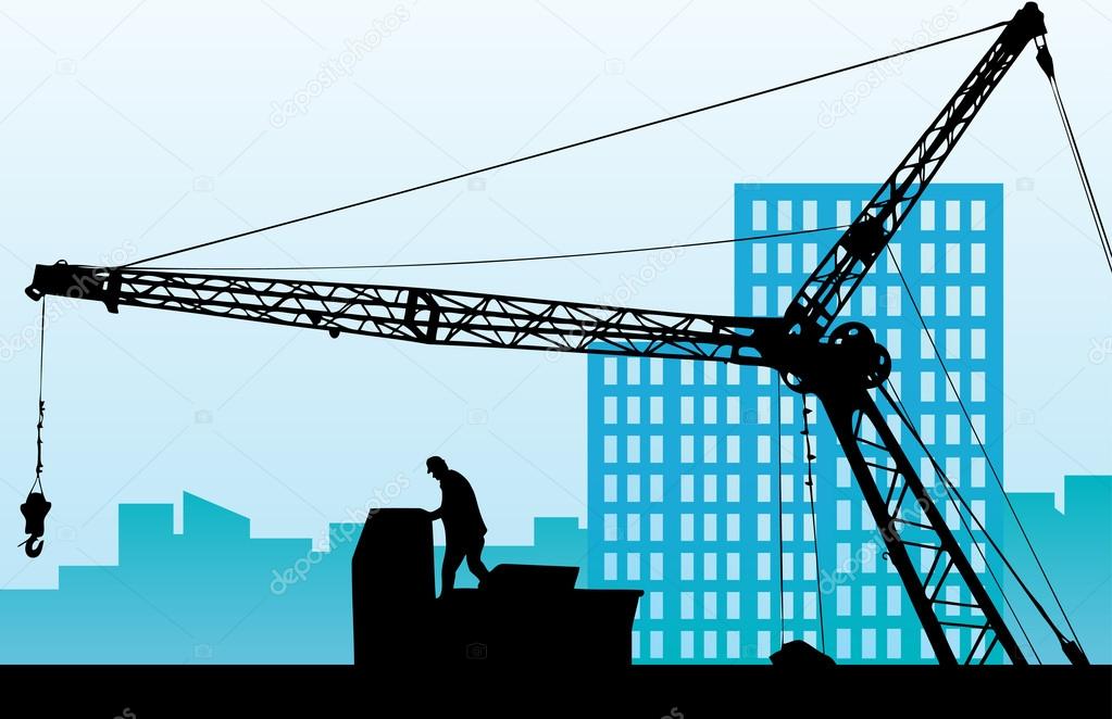 Silhouette of the building crane against a city