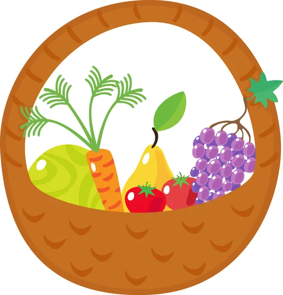 Basket with cabbage, carrots, grapes, pears, tomatoes — Stock Vector