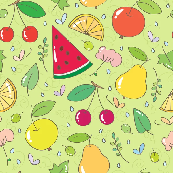 Motif sans couture avec fruits et baies, feuilles, fleurs et boisseaux — Image vectorielle