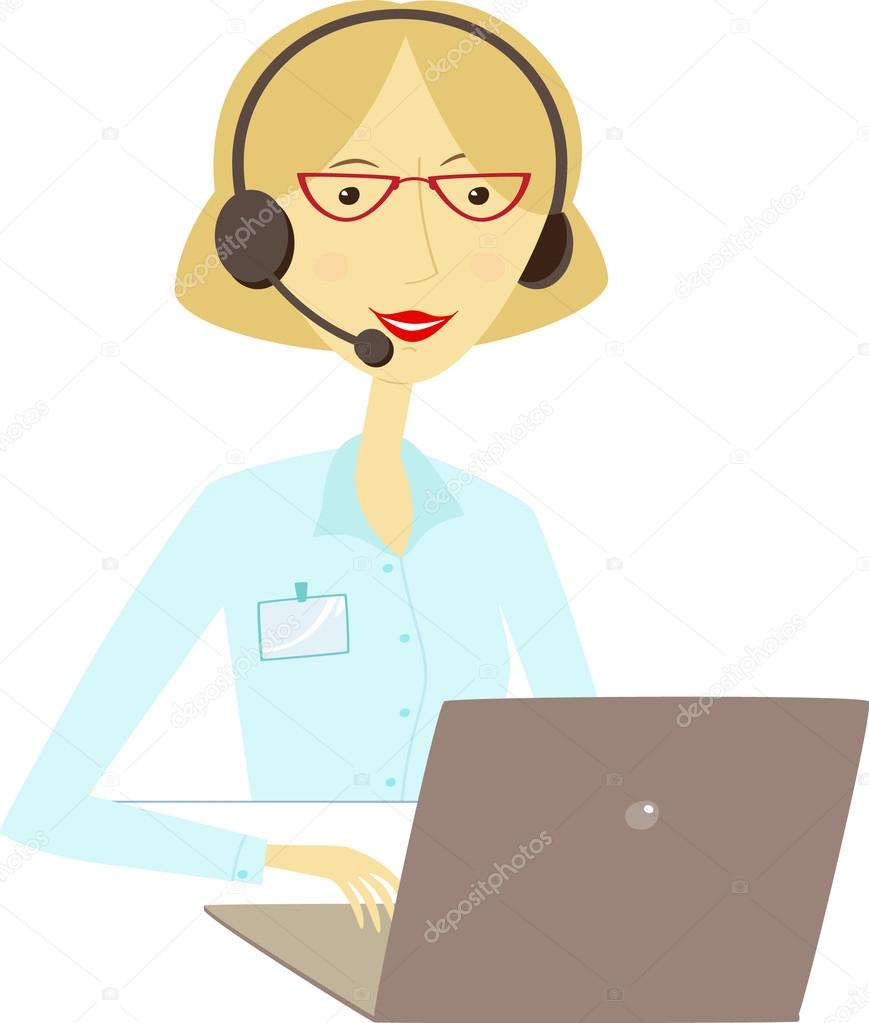 Woman with headset in front of laptop