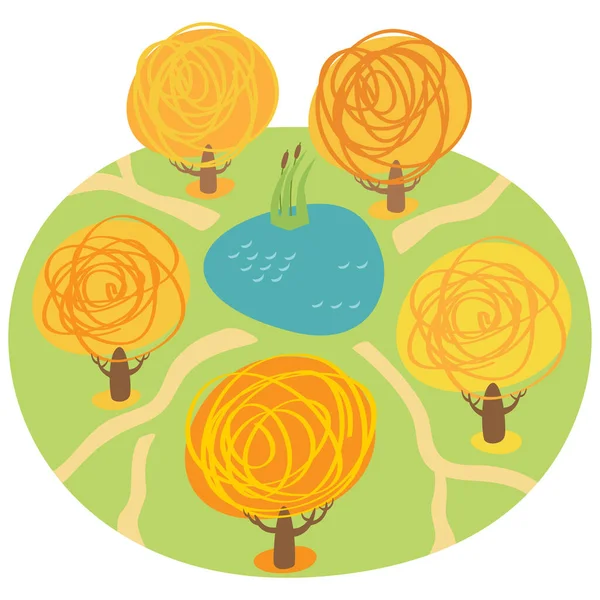 Векторная Иллюстрация Осеннего Сезона Пять Деревьев Желтой Оранжевой Листвы Вокруг Стоковый вектор