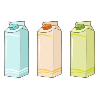 Üç adet açık mavi, açık turuncu ve açık yeşil Tetra kutuları süt veya meyve suyu paketi için mavi, turuncu ve yeşil renkli vida kapaklı. Düzen tasarımını taklit et. Beyaz arkaplan vektör illüstrasyonunda paketlenmiş olarak iç