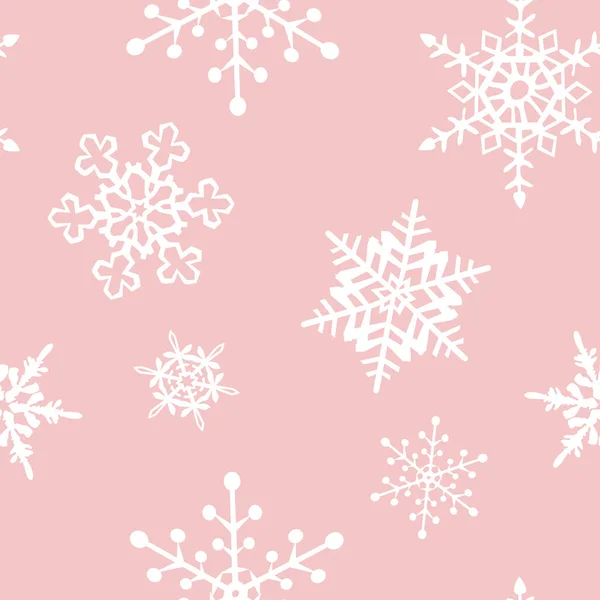 Naadloos Patroon Met Veel Witte Sneeuwvlokken Lichtroze Achtergrond Vector Illustratie — Stockvector
