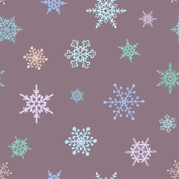 濃いグレーのピンクの背景にパステルカラーの雪の結晶が多いシームレスなパターンベクトル図 — ストックベクタ