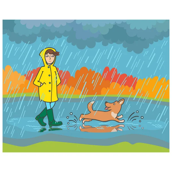 Fille Souriante Dans Imperméable Jaune Bottes Caoutchouc Vert Promenades Chien — Image vectorielle