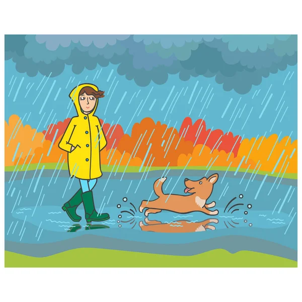 Улыбающаяся Девушка Жёлтом Плаще Зелёных Резиновых Сапогах Гуляет Весёлой Собакой Стоковая Иллюстрация