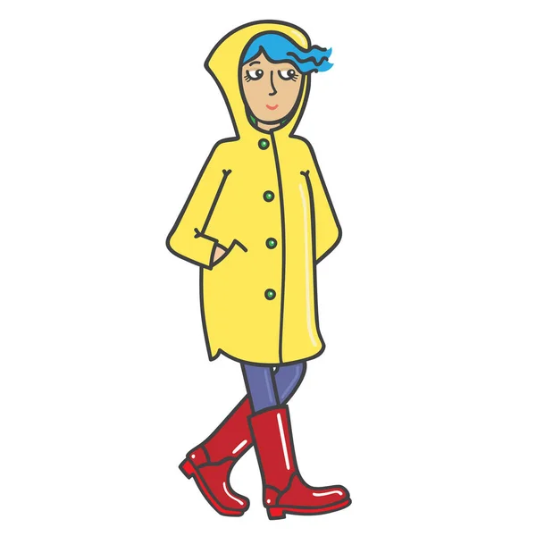 Smiling Girl Yellow Raincoat Red Rubber Boots Blue Hair Walks Stock Vector