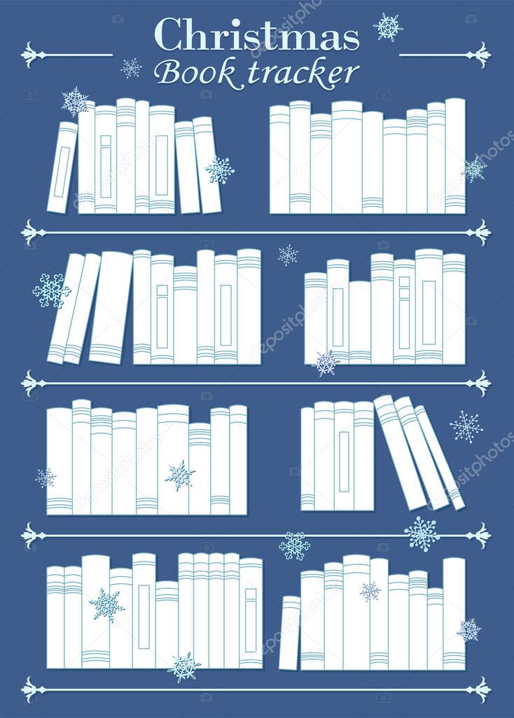 Christmas Printable To Read List and snowflakes around, Book Tracker, Bullet Journal Planner Insert, Printable Reading List, Book List Printable white and blue vector illustration on the blue background 