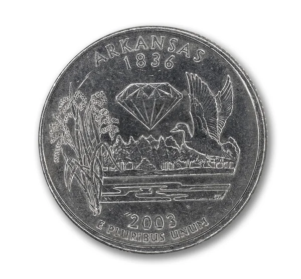美国阿肯色州季度美元硬币在白色 免版税图库照片
