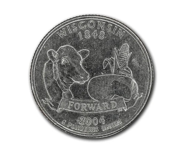 United States Wisconsin quarter dollar coin on white — Stock Photo, Image