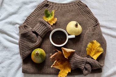 Sarı sonbahar yaprakları ve balkabağıyla süslenmiş yün süveter. Yaklaş, seçici odaklanma