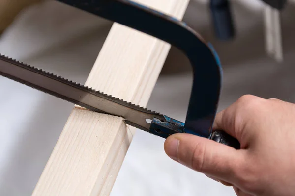 Man Hand Cuts Wooden Slat Arm Saw Workshop Close Selective — Stock Photo, Image