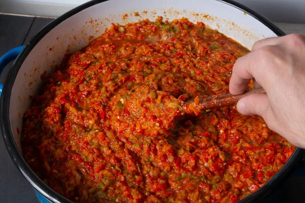 Hand Mixing Ajvar Traditional Balkan Food Big Pot Stove Process — Stock Photo, Image
