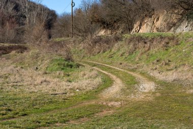 Güneşli bir bahar gününde köyde asfaltsız yol. Doğa ve kırsal arka plan kavramı