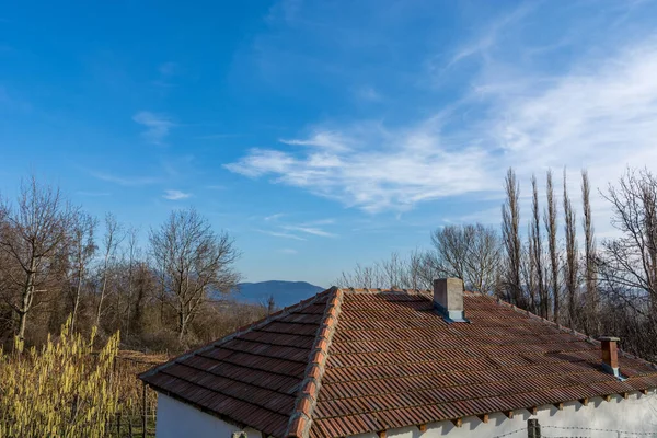 The tiled roof on the house in a vineyard on a sunny spring day with beautiful sky with white clouds