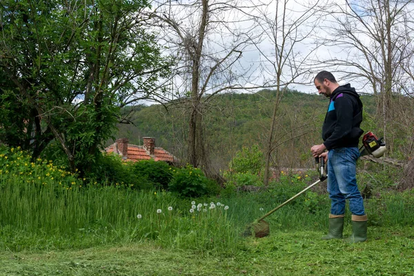 Adam baharda bahçedeki çimleri benzin makası ile biçiyor. Çiftçi evinin arka bahçesinde çalışıyor.