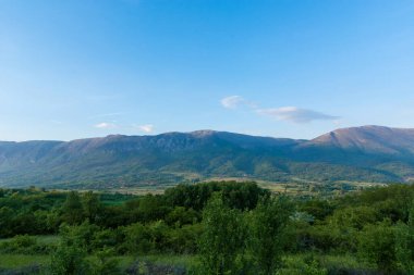 Landscape view of Suva Planina The dry mountain in Serbia on a spring sunset. The top of the mountain is bare and rocky. Natural background concept