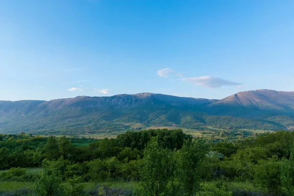 Tájkép Kilátás Suva Planina Száraz Hegy Szerbiában Tavaszi Naplementében Hegy — Stock Fotó