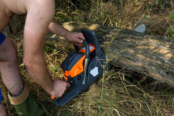 Man Cutting Log Chainsaw Forest Summer Day Close Selective Focus — Stock Photo, Image