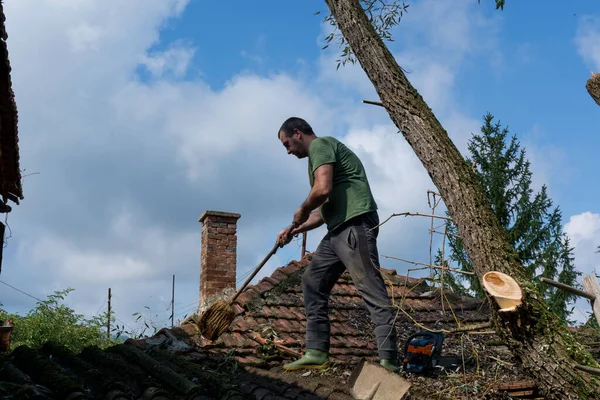A man cleans the roof of a house after a big storm on a summer day. A man stands on the roof and removes fallen leaves and branches