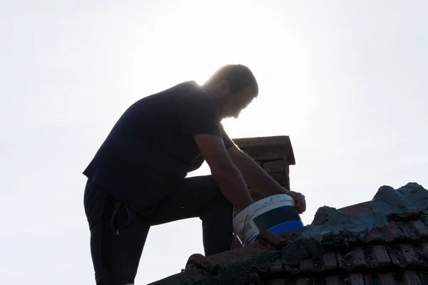 Worker Secure Patch Roof Tiles Cement Old Building Roof Village — Stock Photo, Image