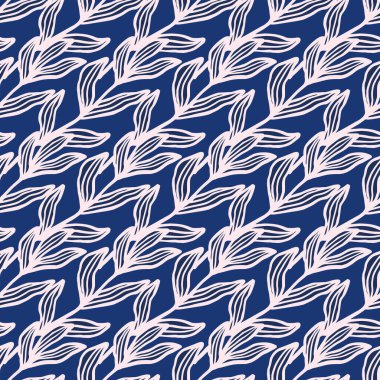 Mavi arka planda pürüzsüz yaprakları olan yaratıcı pembe bir dal. Soyut bitki örtüsü. Doğa duvar kağıdı. Kumaş tasarımı, tekstil baskısı, ambalaj, kapak için. Vektör illüstrasyonu.