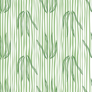 Çizgili arka planda çimenler pürüzsüz desen. Doğal organik botanik duvar kağıdı. Kumaş, tekstil baskısı, ambalaj, kapak tasarımı. Basit vektör illüstrasyonu.