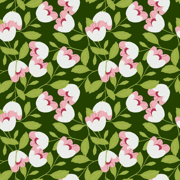 Summer Blooming Flowers Seamless Pattern Green Background Floral Wallpaper Beautiful — Stock Vector
