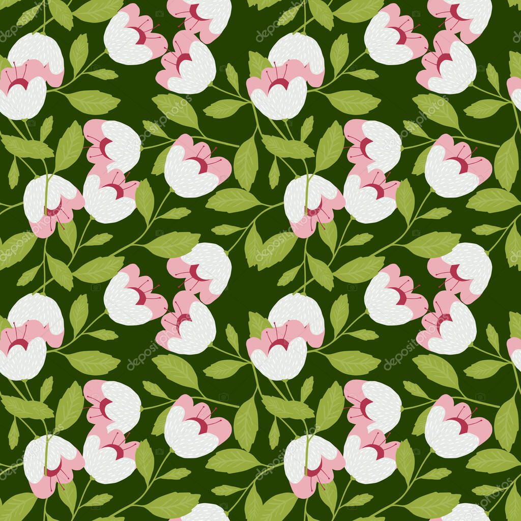 Summer blooming flowers seamless pattern on green background. Floral wallpaper. Beautiful vintage botany texture. Pretty design for fabric, textile print, wrapping, cover. Vector illustration.
