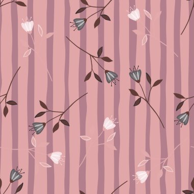 Çizgili arka planda yaban çiçeği desenleri var. Soyut botanik tasarım. Zarif çiçek süsü. Doğa duvar kağıdı. Kumaş, tekstil baskısı, ambalaj, örtü için. Vektör illüstrasyonu