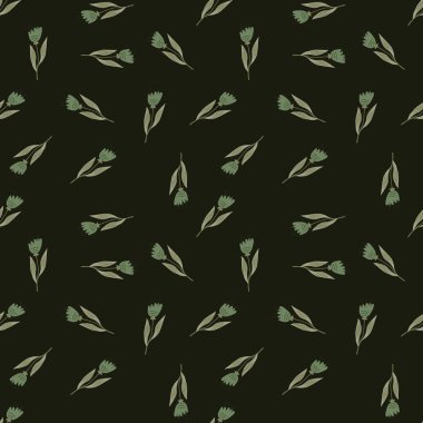 Koyu yeşil arka planda sevimli yaban çiçeği deseni. Dekoratif çiçek süsü. Doğa duvar kağıdı. Zarif botanik tasarımı. Kumaş, tekstil baskısı, ambalaj için. Modern vektör illüstrasyonu.