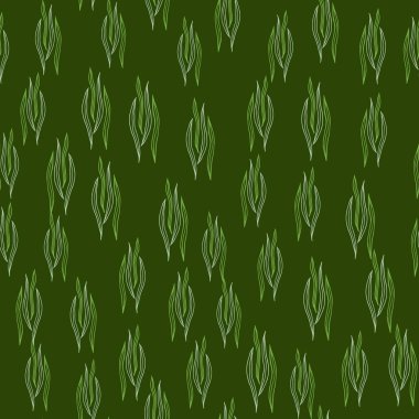 Basit botanik taslak şekilleri yeşil arka planda pürüzsüz desenler. Doğa duvar kağıdı. Kumaş, tekstil baskısı, ambalaj, kapak tasarımı. Vektör illüstrasyonu.