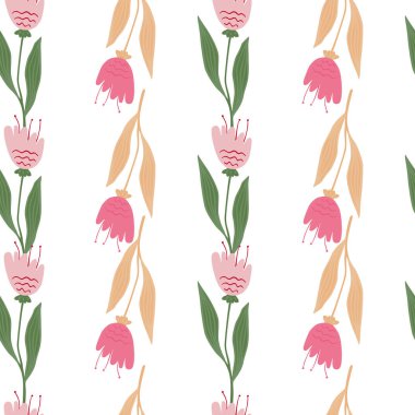 Beyaz arka planda yaban çiçeğinin pürüzsüz bir deseni var. Soyut çiçek süsü. Zarif botanik tasarımı. Doğa duvar kağıdı. Kumaş, tekstil baskısı, ambalaj, örtü için. Vektör illüstrasyonu
