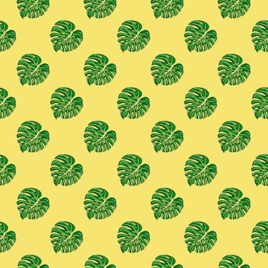 Sarı arka planda canavar yaprakları olan parlak tropikal desenler. Botanik bitki duvar kâğıdı. Egzotik Hawaii arka planı. Kumaş, tekstil baskısı, ambalaj, kapak için tasarım.