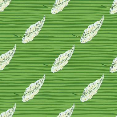 Çizgili arka planda geometrik yaprakları olan tropik, pürüzsüz bir desen. Botanik bitki duvar kâğıdı. Egzotik Hawaii arka planı. Kumaş, tekstil baskısı, ambalaj, kapak için tasarım.