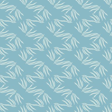 Basit tropikal yapraklar sembolik desenler. Mavi arka planda tropik yaprak. Kumaş, tekstil baskısı, ambalaj, kapak tasarımı. Vektör illüstrasyonu.