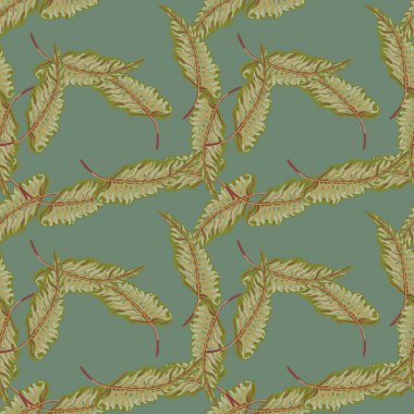 Yeşil arka planda yaprakları olan klasik bir tropikal desen. Botanik bitki duvar kâğıdı. Egzotik Hawaii arka planı. Kumaş, tekstil baskısı, ambalaj, kapak için tasarım